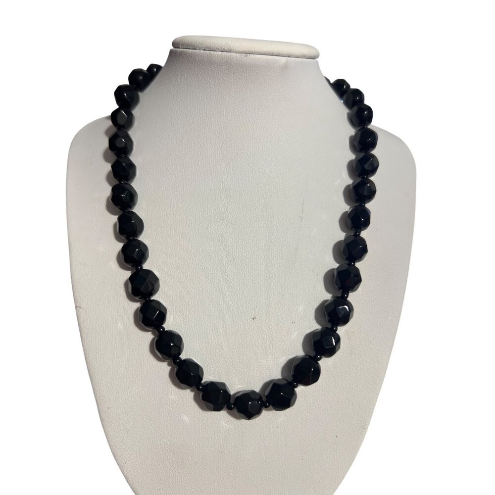 Vintage Black Faceted Onyx Beaded Necklace Gunmetal Hook Clasp Adj 18.5" Estate